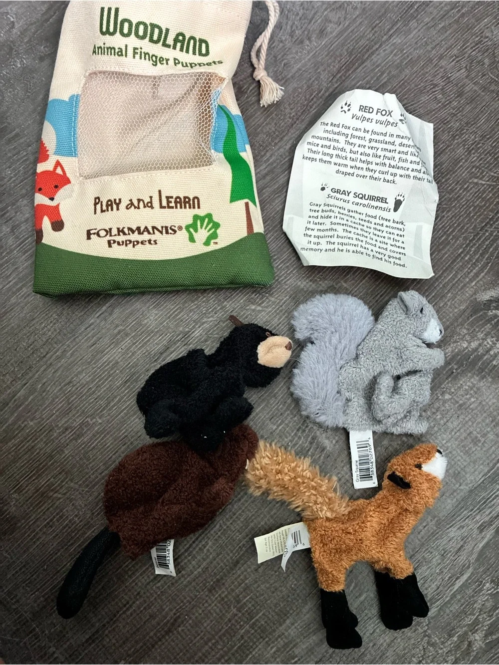Folkmanis Woodland Animal Finger Puppets Montessori Fox Bear Beaver Squirrel